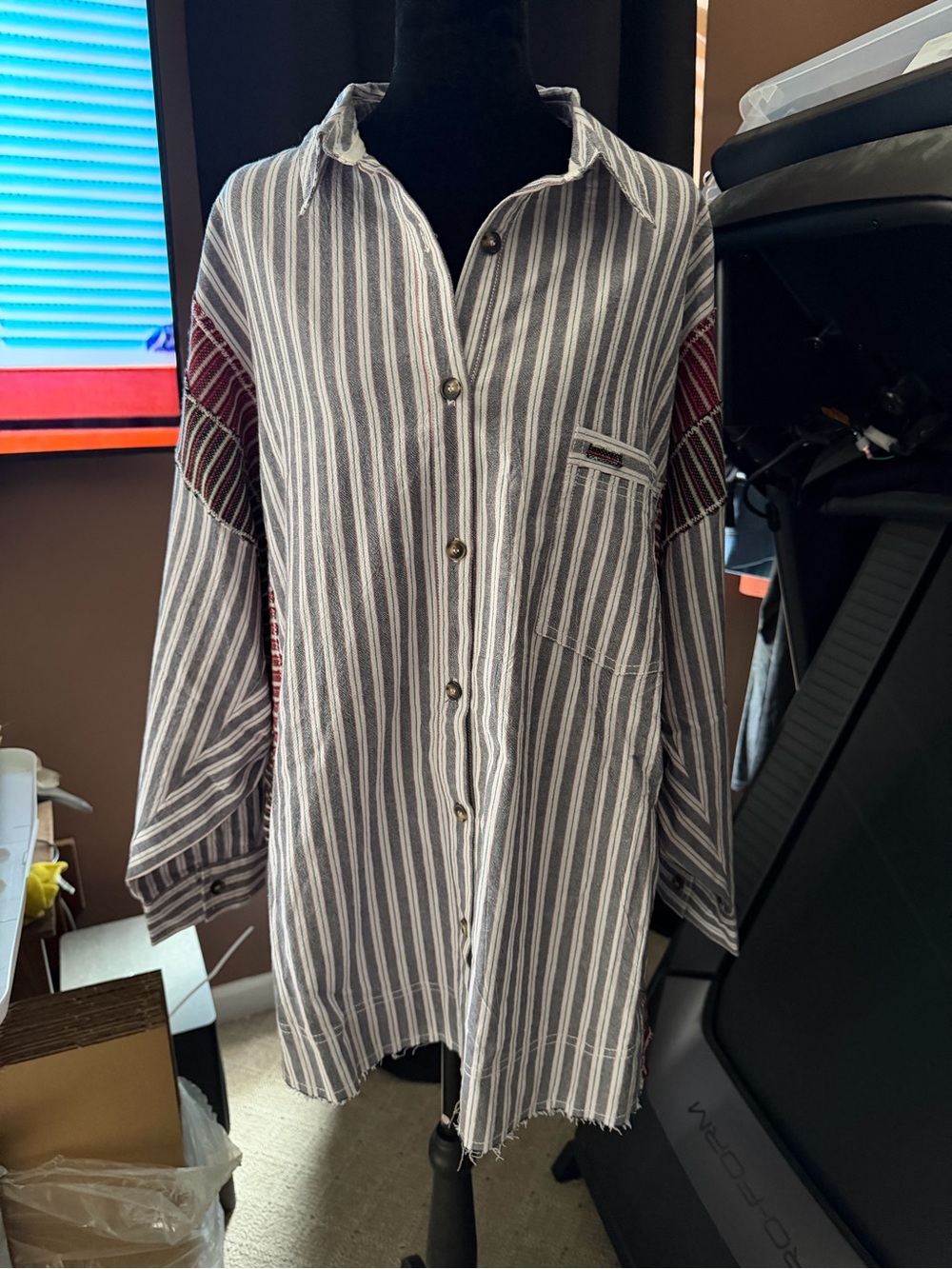 We The Free Vertical Stripe Button-Down Shirt — White, Gray & Red